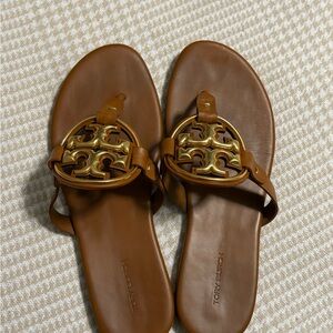 Tory Burch Brown Leather Sandals with Gold Medallion
